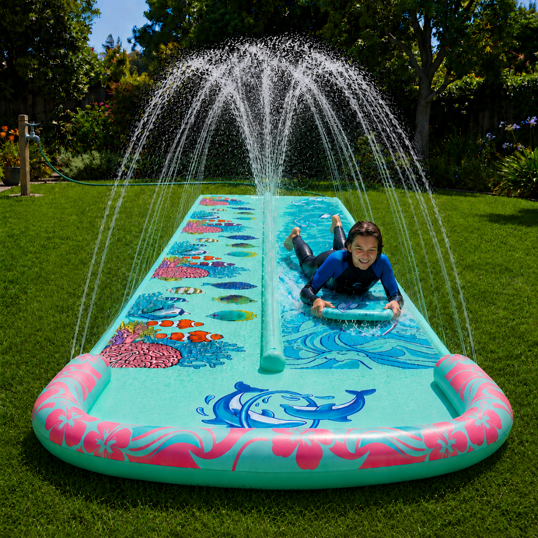 25 ft Double Lane Lawn Water Slide with Splash Pool and Bodyboards