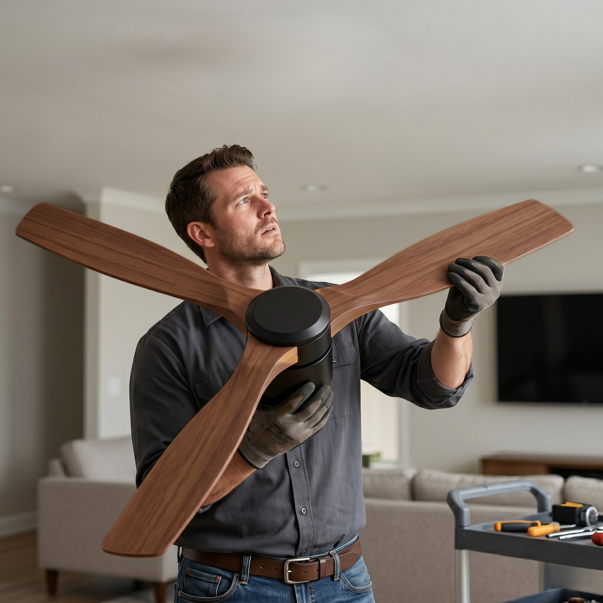 52 Inch Flush Mount Ceiling Fan with Remote, 6 Speeds Wood Blades