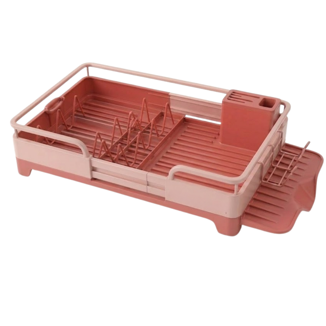 Expandable Stainless Steel Dish Rack with Drain Tray and Utensils Holder