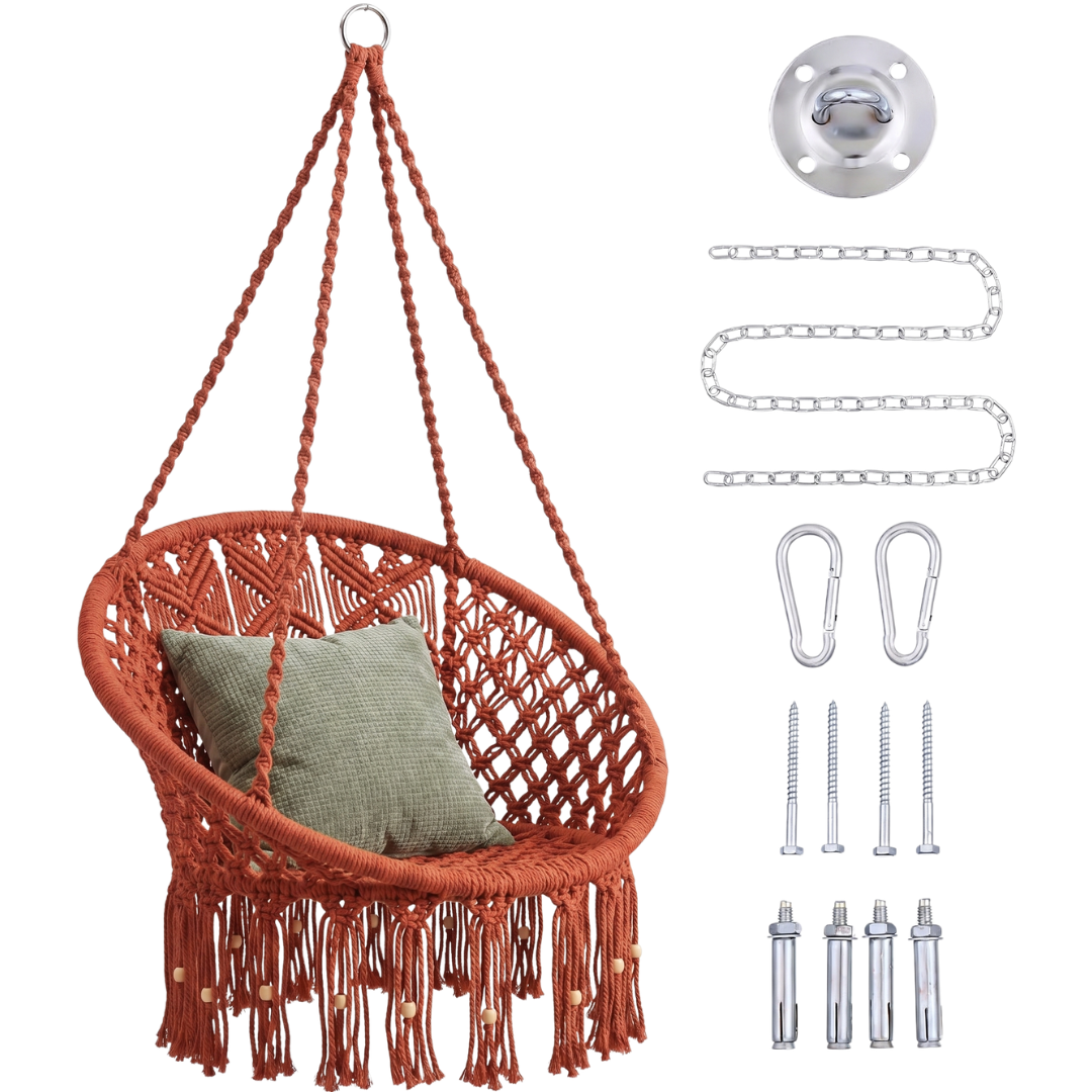 Handwoven Macrame Hammock Swing Chair with Hanging Hardware Kit