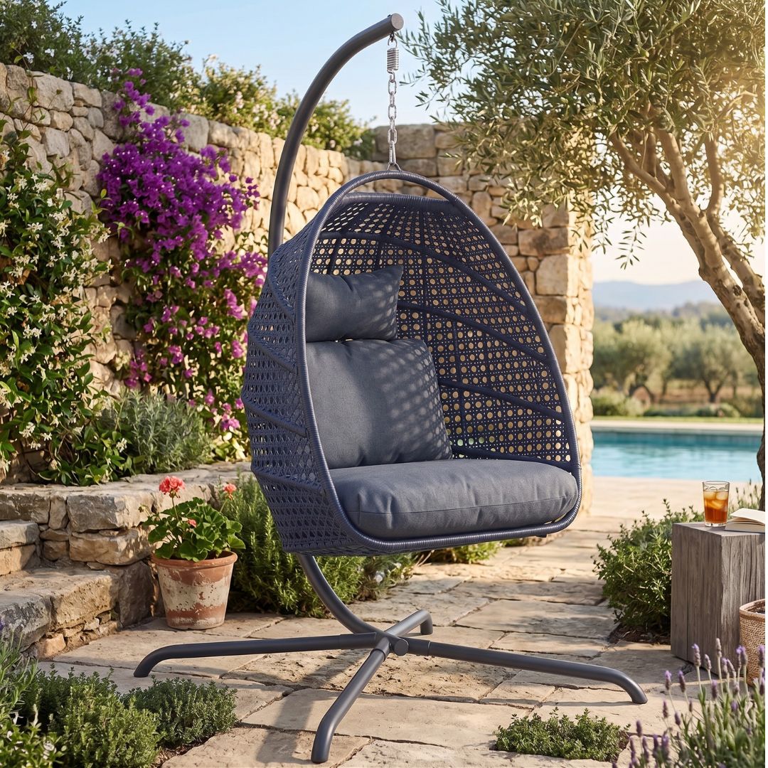 Hanging Egg Chair with Stand Patio Rattan Swing Chair, 350 lb Capacity