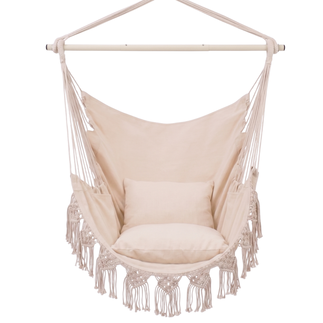 Macrame Hanging Hammock Chair with Cushions and Pocket 500 lb Capacity