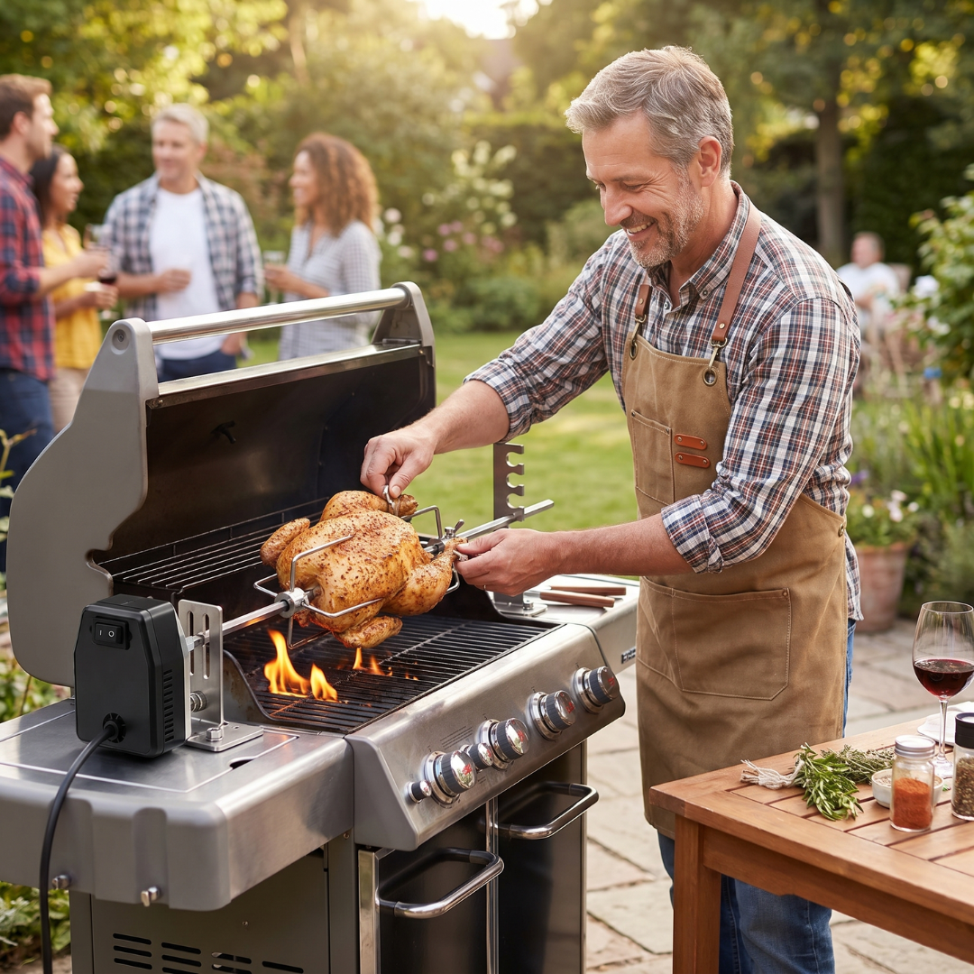 Universal Rotisserie Grill Kit with 120V Motor for Outdoor Grills